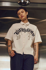 Mens Embroidered Gothic Ed Hardy Boxy Twill Shirt - Ecru