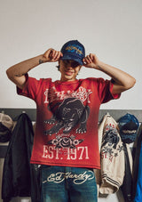 Mens Washed Waffle Panther Graphic Relaxed T-Shirt - Red