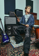 Mens Snake And Spider Outline Applique Denim Trousers Jeans - Black