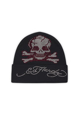 Unisex Diamante Skull Beanie Hat - Black