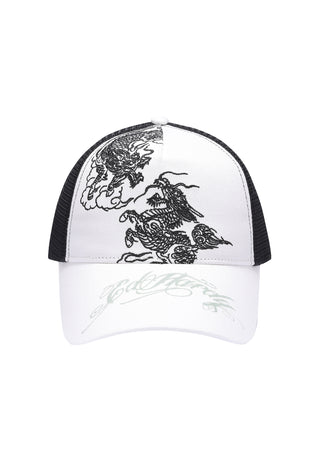 Unisex Double Dragon Twill Front Mesh Trucker - White/Black