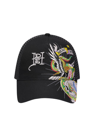 Unisex Eagle And Snake Battle Twill Front Mesh Trucker - Black