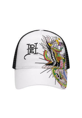 Unisex Eagle And Snake Battle Twill Front Mesh Trucker - White/Black