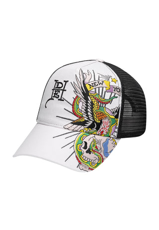 Unisex Eagle And Snake Battle Twill Front Mesh Trucker - White/Black