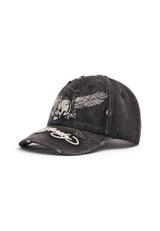 Unisex Flying Skull Distressed Washed 6 Panel Cap - Black