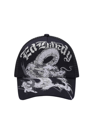 Unisex Goth Dragon Twill Front Mesh Trucker - Black