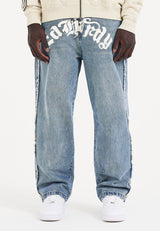 Mens Gothic Frayed Panel Denim Trousers Jeans - Blue