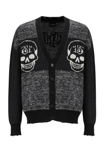 Mens Lucky 13 Skull Jacquard Knitted Cardigan - Beige/Black