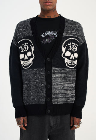 Mens Lucky 13 Skull Jacquard Knitted Cardigan - Beige/Black