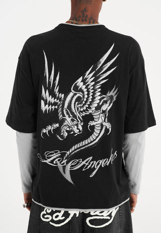 Mens Panther Dragon Double Sleeve Tshirt - Black/Grey