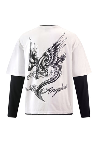 Mens Panther Dragon Double Sleeve Tshirt - White/Black