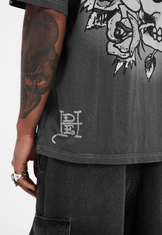 Mens Skull And Roses Relaxed Tshirt - Charcoal