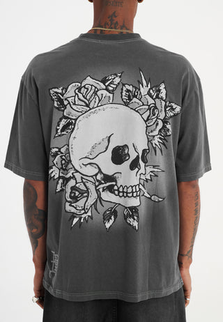 Mens Skull And Roses Relaxed Tshirt - Charcoal