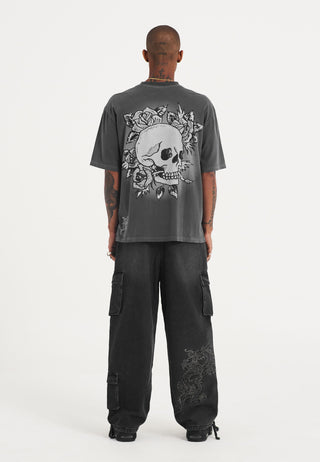 Mens Skull And Roses Relaxed Tshirt - Charcoal