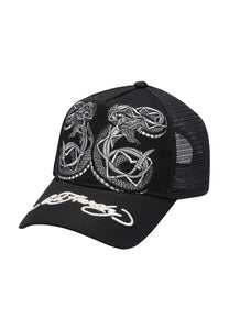 Unisex Mono Double Black Snake Twill Front Mesh Trucker - Black