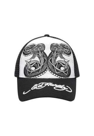 Unisex Mono Double Black Snake Twill Front Mesh Trucker - White/Black