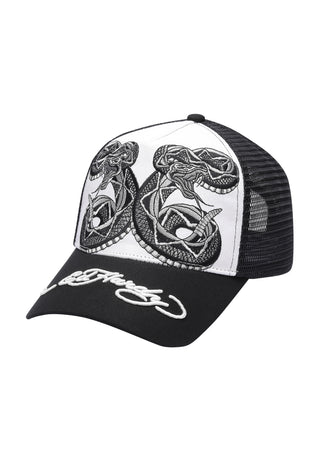 Unisex Mono Double Black Snake Twill Front Mesh Trucker - White/Black