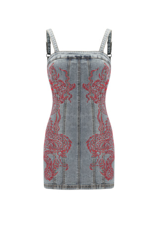 Womens Dragon Flame Denim Mini Dress - Mid Blue