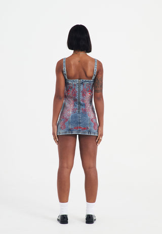 Womens Dragon Flame Denim Mini Dress - Mid Blue