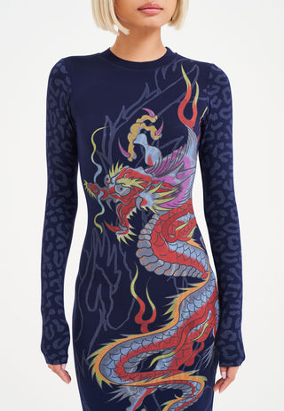 Womens Dragon Flame Long Sleeve Dress - Mood Indigo