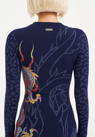 Womens Dragon Flame Long Sleeve Dress - Mood Indigo