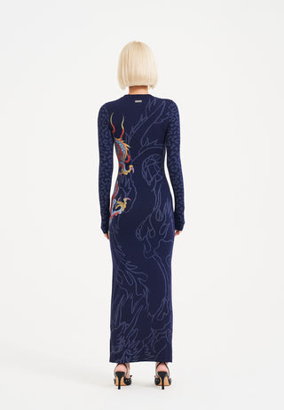 Womens Dragon Flame Long Sleeve Dress - Mood Indigo