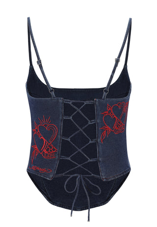 Womens Rouge Hearts Denim Corset Top - Indigo