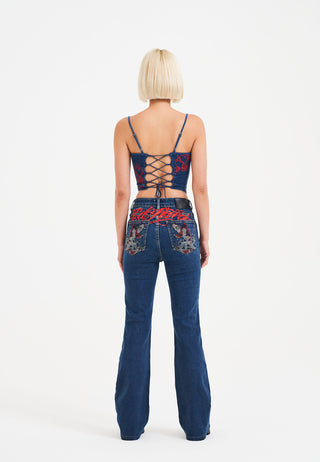 Womens Rouge Hearts Denim Corset Top - Indigo