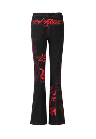 Womens Rouge Hearts Flared Denim Trousers Jeans - Black