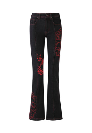 Womens Rouge Hearts Flared Denim Trousers Jeans - Black