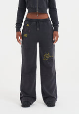 Womens Tattoo Collage Seam Detail Wide Leg Joggers - Black