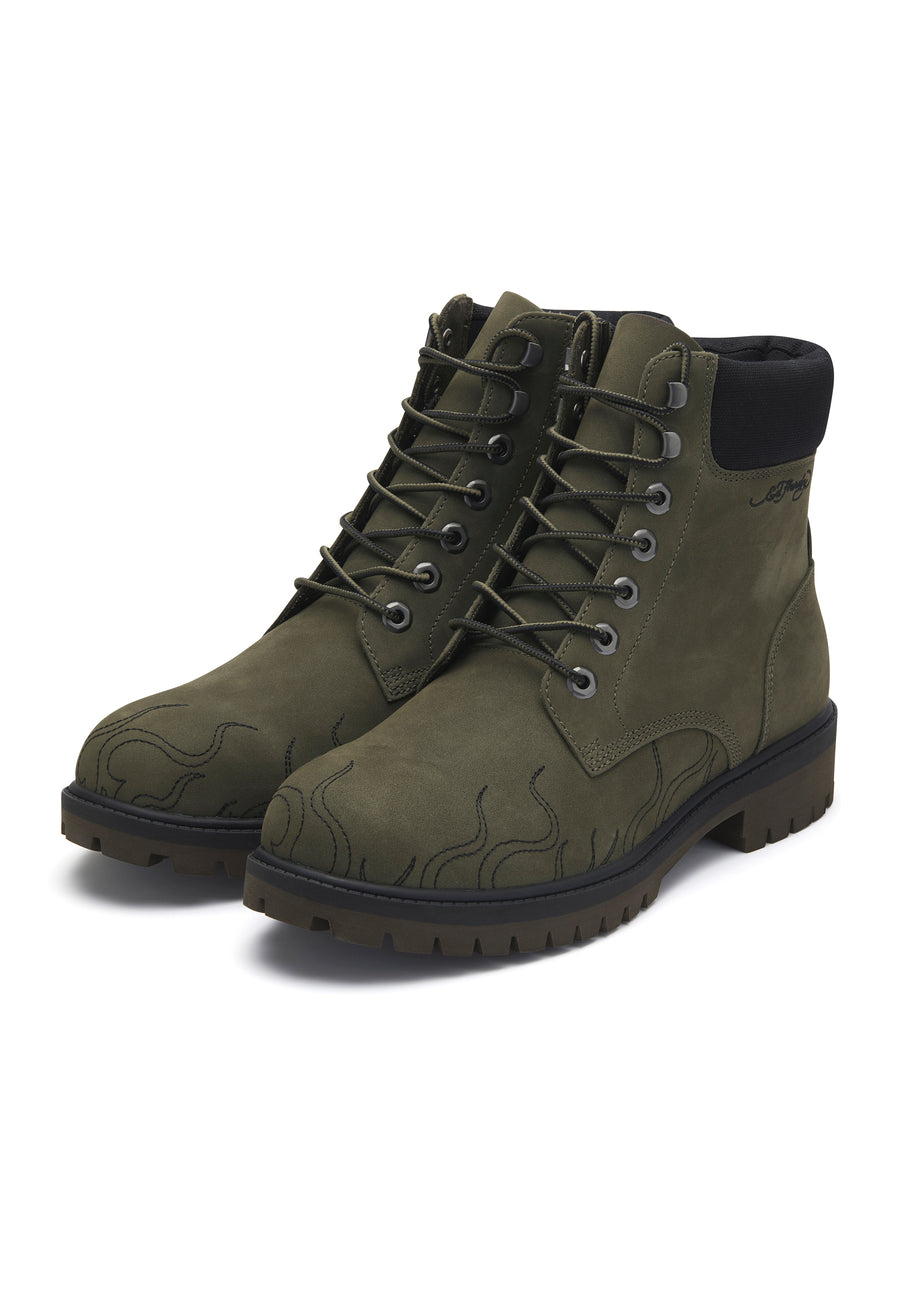 Mens Worker Boot - Embroidered Flame - Khaki