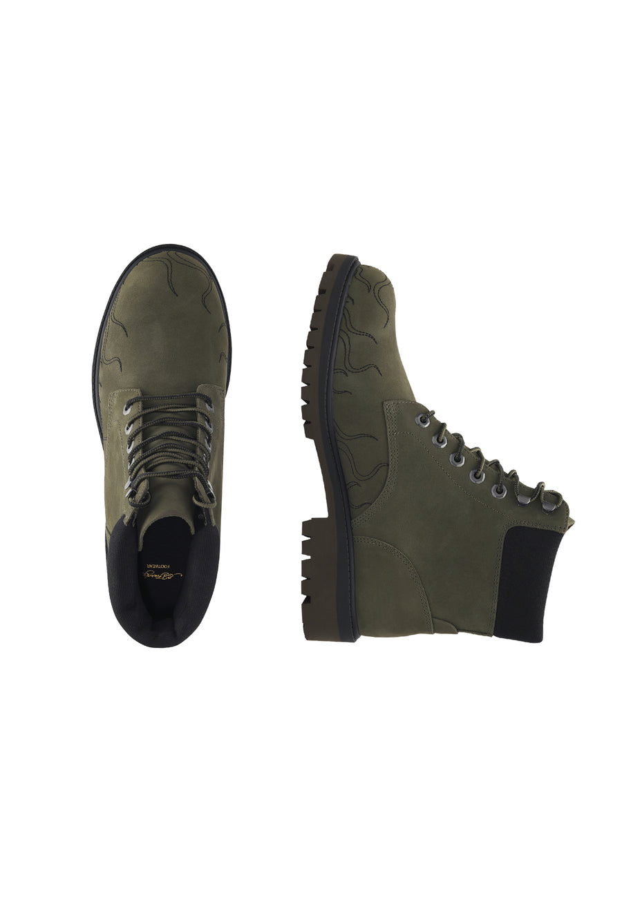 Womens Worker Boot - Embroidered Flame - Khaki