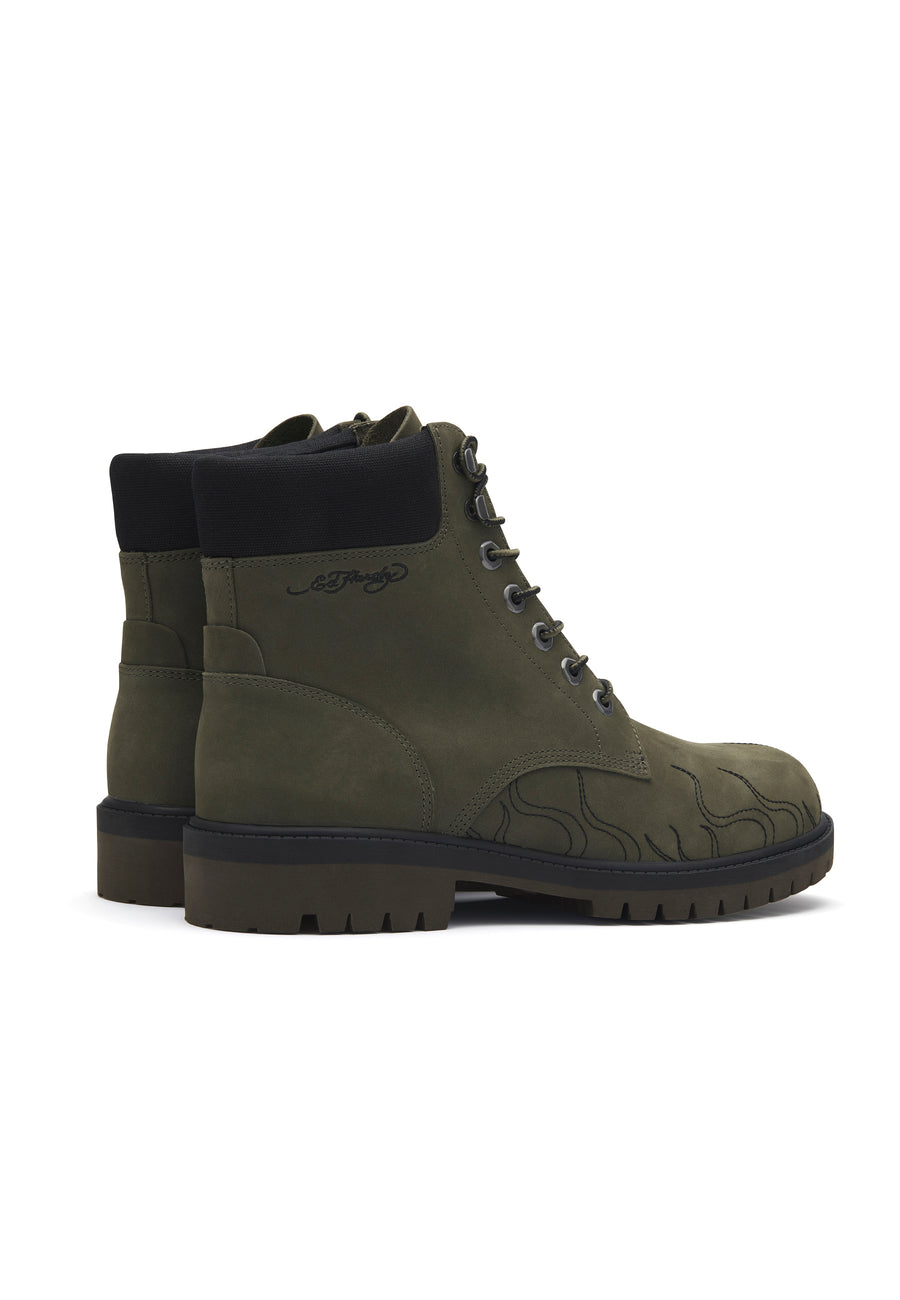 Mens Worker Boot - Embroidered Flame - Khaki