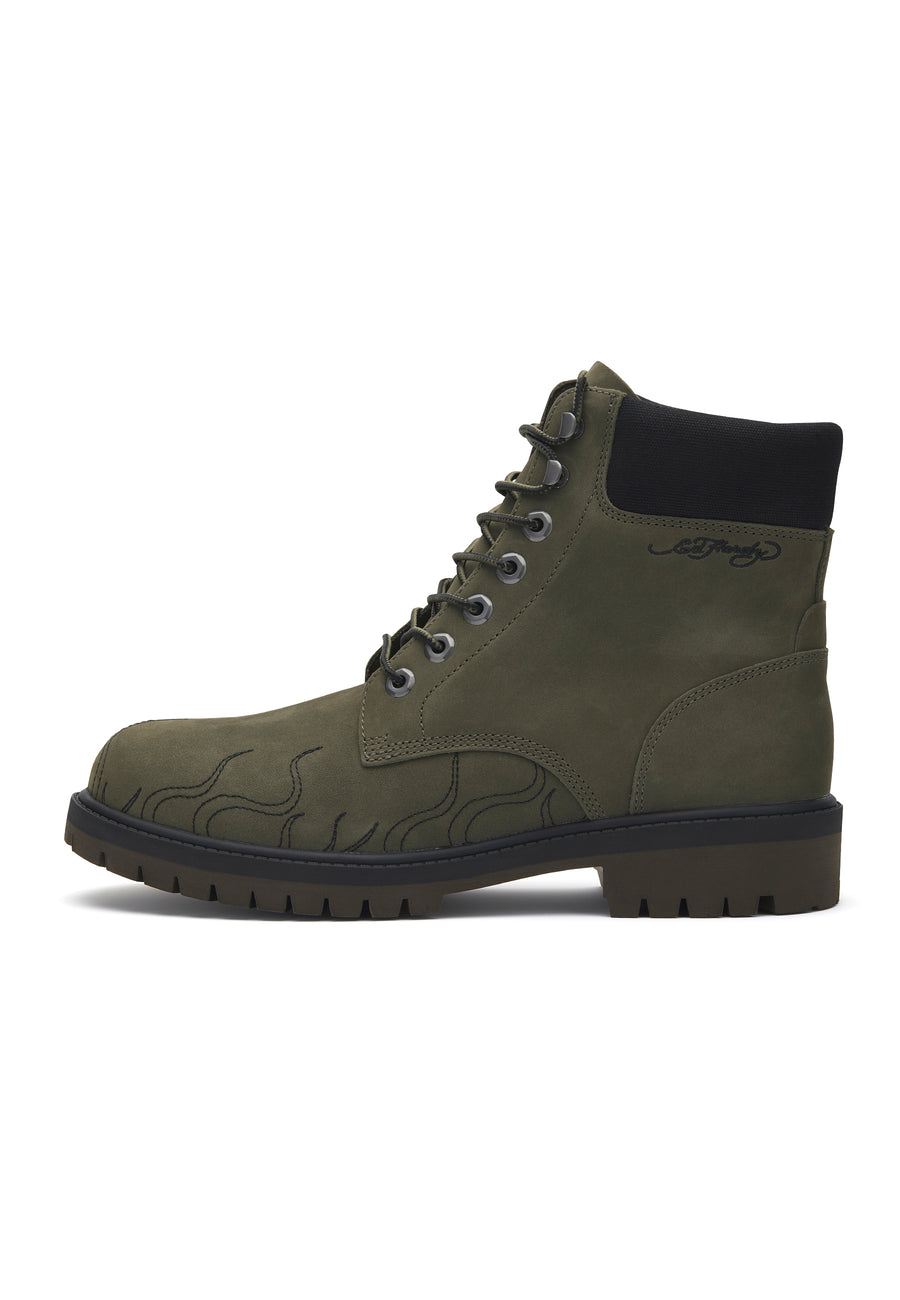 Womens Worker Boot - Embroidered Flame - Khaki