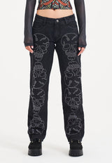 Womens Crystal Skull Straight Leg Denim Trousers Jeans - Black