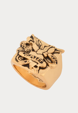 Heart & Dagger Chunky Biker Signet Ring - Gold