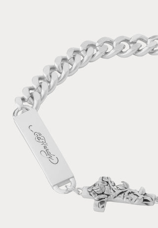 Cross & Rose Thorn Cuban Chain Id-Style Bracelet - Silver