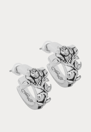 Cross & Rose Thorn Embossed Hoop Earring Set - Silver