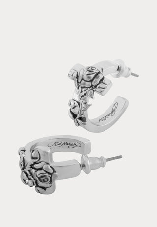 Cross & Rose Thorn Embossed Hoop Earring Set - Silver