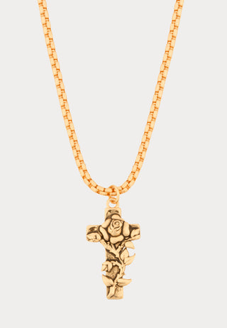 Cross & Rose Thorn Custom-Cast Crucifix Chain Necklace - Gold