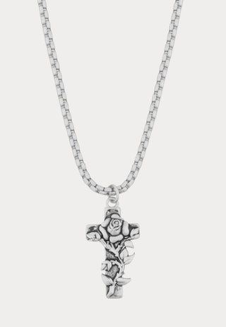 Cross & Rose Thorn Custom-Cast Crucifix Chain Necklace - Silver