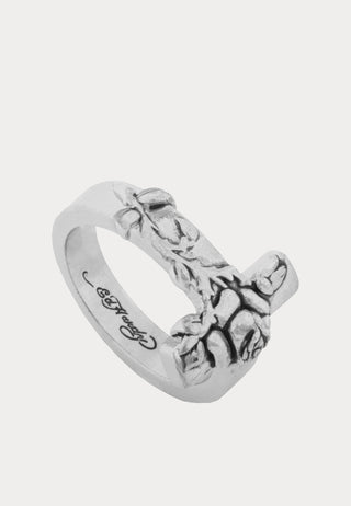 Cross & Rose Thorn Custom-Cast Embossed Band Ring - Silver