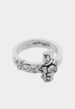 Cross & Rose Thorn Custom-Cast Embossed Band Ring - Silver