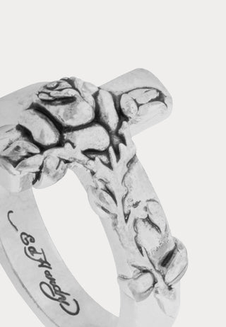 Cross & Rose Thorn Custom-Cast Embossed Band Ring - Silver