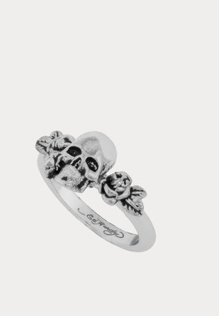 Skull & Rose Flower Custom-Cast Band Ring - Silver