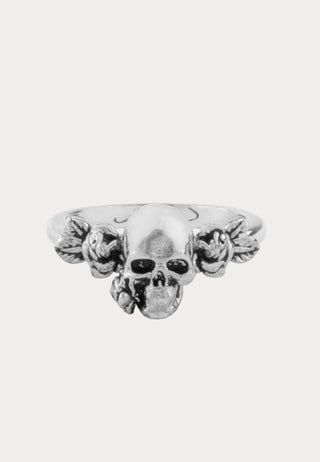 Skull & Rose Flower Custom-Cast Band Ring - Silver