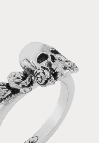 Skull & Rose Flower Custom-Cast Band Ring - Silver