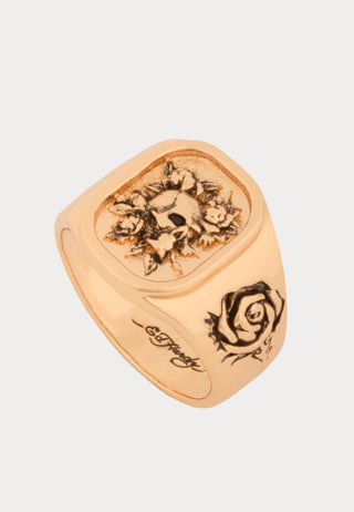 Skull & Rose Flower Embossed Lozenge Biker Ring - Gold