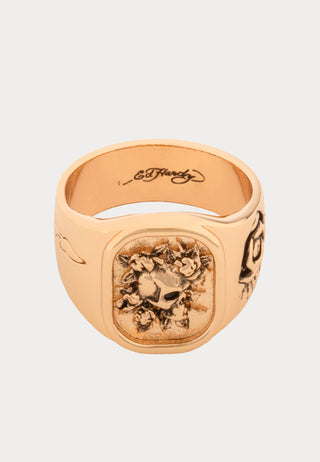 Skull & Rose Flower Embossed Lozenge Biker Ring - Gold